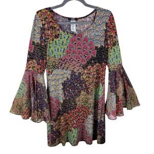 MSK Colorful Print Hippie Long Bell Sleeve Lightweight Pullover Mini Dress Sz S